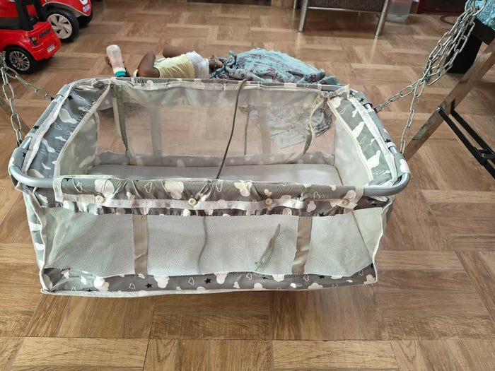Steel Cradle for Baby featuring a sturdy metal frame, comfortable sleeping space, gentle rocking design, and durable construction for soothing and resting newborns and infants.