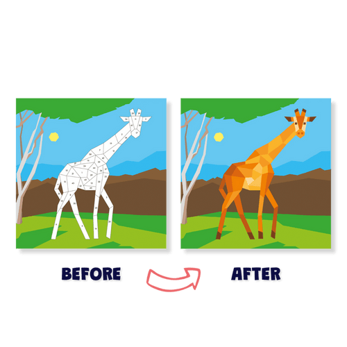 Before and after comparison of a giraffe illustration with geometric simplification.