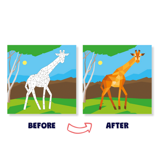 Before and after comparison of a giraffe illustration with geometric simplification.
