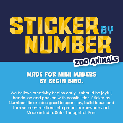 Promotional graphic for 'Sticker by Number Zoo Animals' with text about creativity and product details.