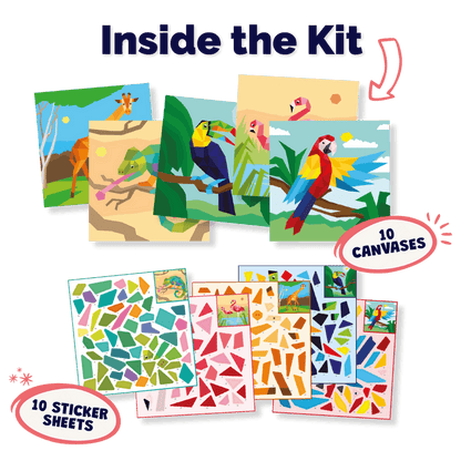 Artistic kit with canvases and sticker sheets featuring animals and geometric patterns.
