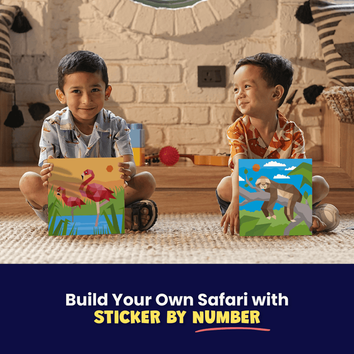 Two children holding colorful safari-themed sticker books in a room with toys and decorations.