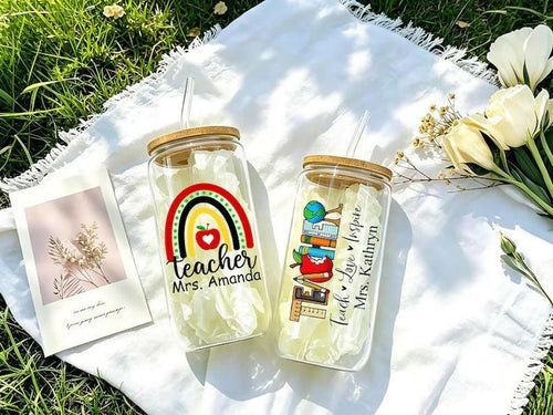 Teacher's Day Special Personalized Glass Tumbler with custom teacher name or message, reusable steel straw, secure lid, and stylish transparent design for everyday drinks and thoughtful teacher gifting.