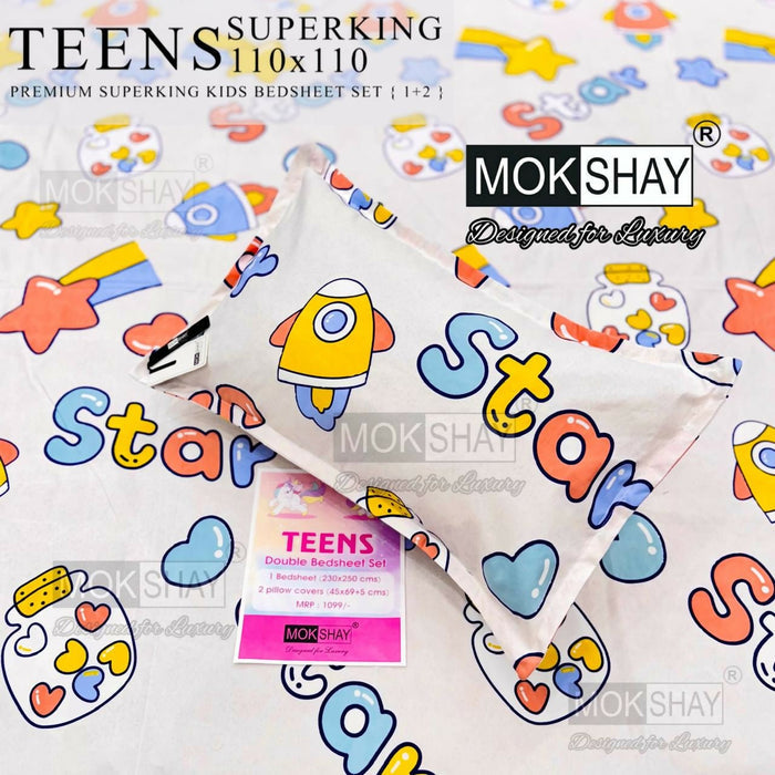 Mokshay Teens bedding set with colorful designs on a white background