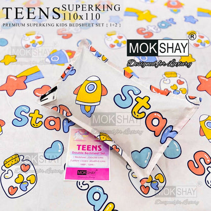 Mokshay Teens bedding set with colorful designs on a white background