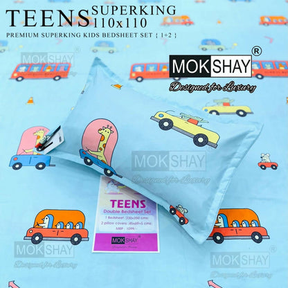 Mokshay Teens double bedsheet set with cartoon designs on a blue background