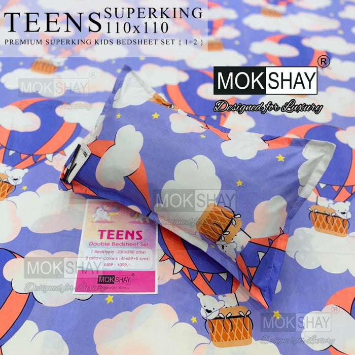 Mokshay Teens Superking kids bedsheet set with cartoon design on a blue background