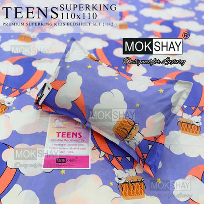 Mokshay Teens Superking kids bedsheet set with cartoon design on a blue background