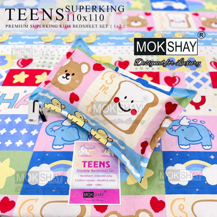 Children's bedding set with cartoon designs on a colorful background, featuring MOKSHAY branding.