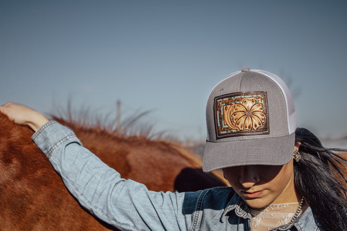 The Daisy Handtooled Leather Patch Cap with Turquoise Southwestern Border