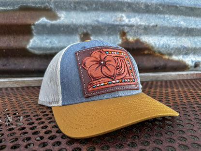 The Pansy Handtooled Leather Patch Cap with Beaded Border