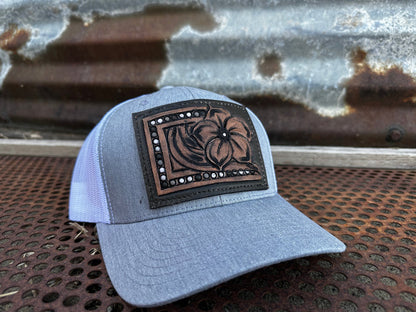The Pansy Handtooled Leather Patch Cap with Beaded Border