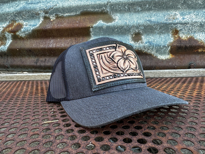 The Pansy Handtooled Leather Patch Cap with Beaded Border