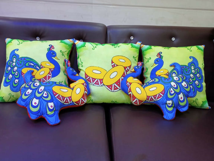 Colorful peacock-patterned cushions