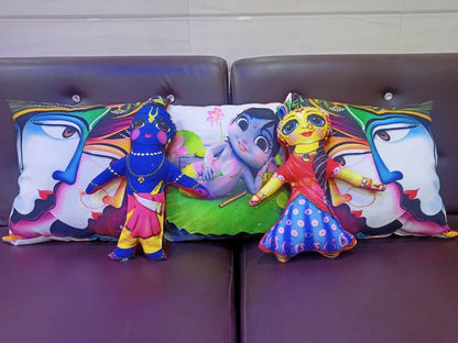 Colorful plush toys and pillows with cartoon characters
