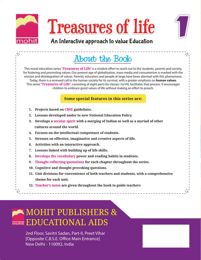 Treasures of Life Class 1 by Mohit Publishers, an educational textbook for young learners featuring age-appropriate lessons, engaging activities, and easy-to-understand content for school and home learning.