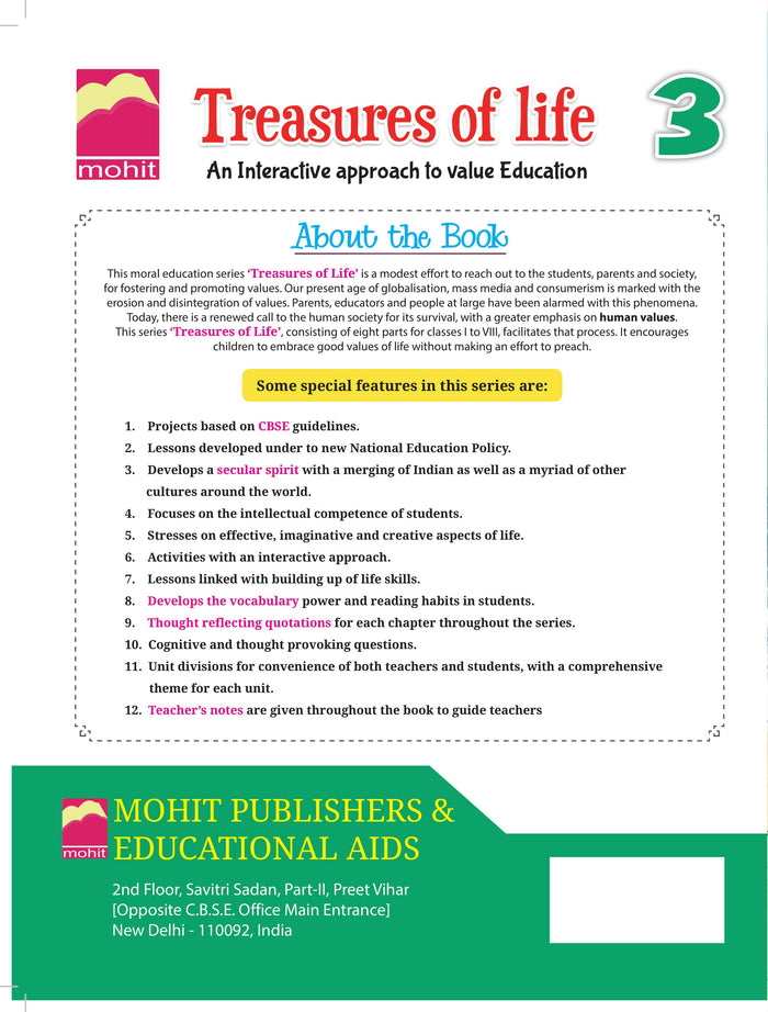 Treasures of Life Class 3 educational book for young learners featuring age-appropriate lessons, engaging stories, activities, and easy-to-understand content focused on values, life skills, and positive habits.