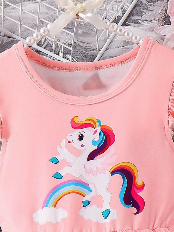 Unicorn Theme Net Partywear Dress/Frock