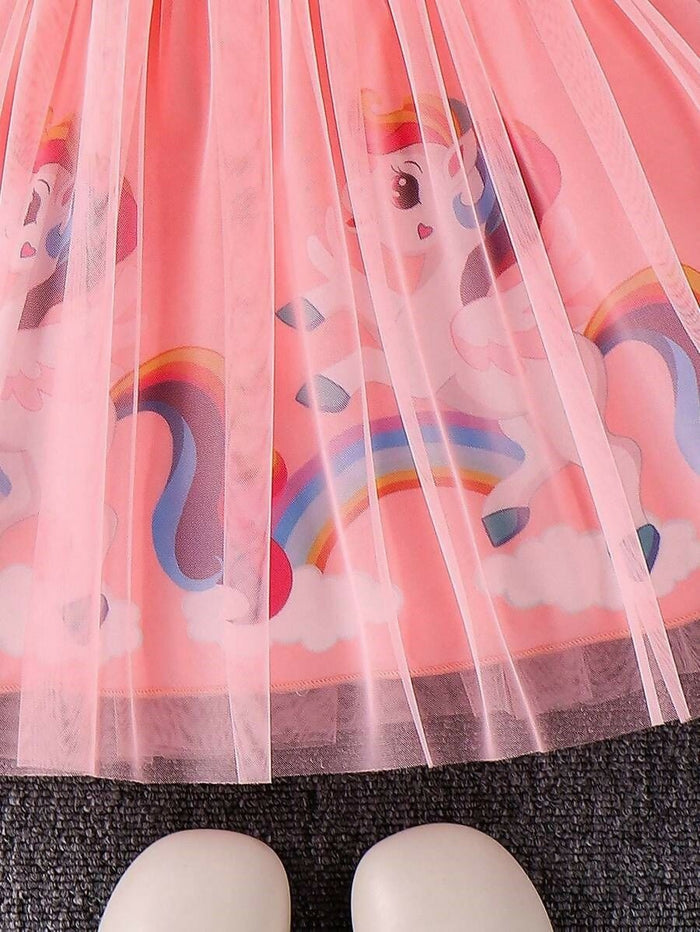 Unicorn Theme Net Partywear Dress/Frock