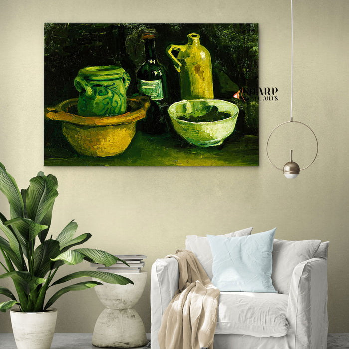 Vincent van Gogh Still Life With Pottery And Two Bottles Canvas Wall Art
