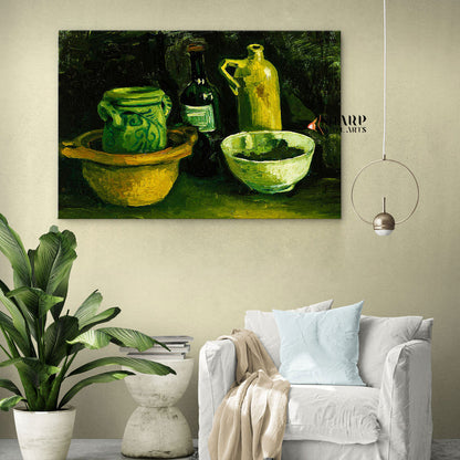 Vincent van Gogh Still Life With Pottery And Two Bottles Canvas Wall Art