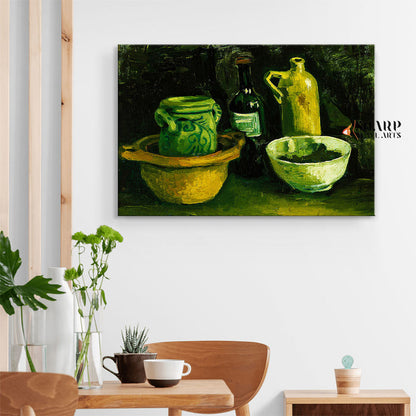 Vincent van Gogh Still Life With Pottery And Two Bottles Canvas Wall Art