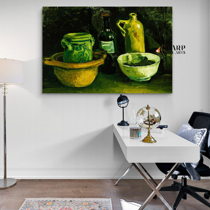 Vincent van Gogh Still Life With Pottery And Two Bottles Canvas Wall Art