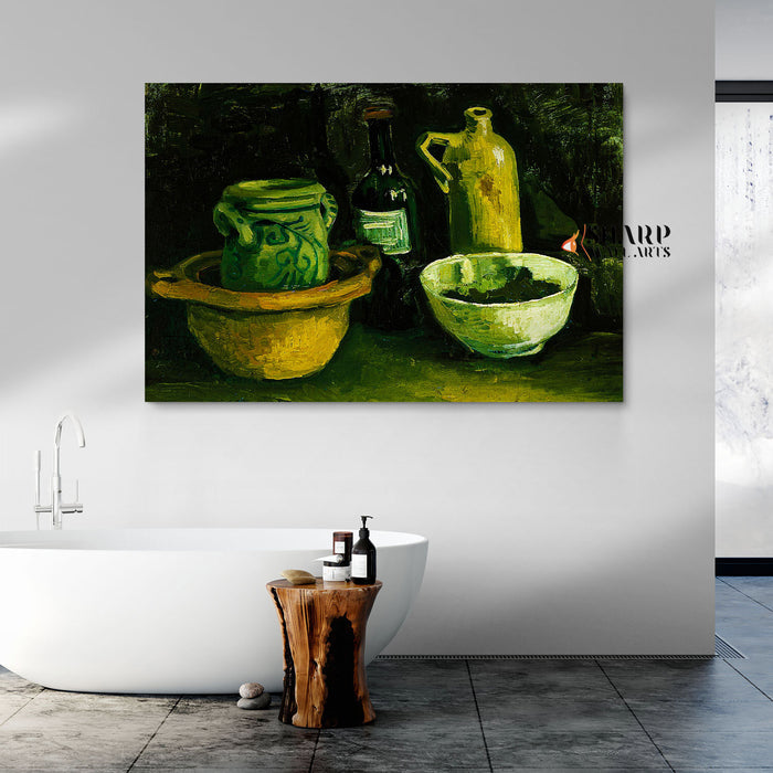 Vincent van Gogh Still Life With Pottery And Two Bottles Canvas Wall Art