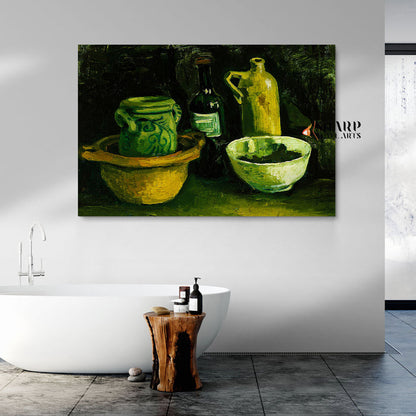 Vincent van Gogh Still Life With Pottery And Two Bottles Canvas Wall Art