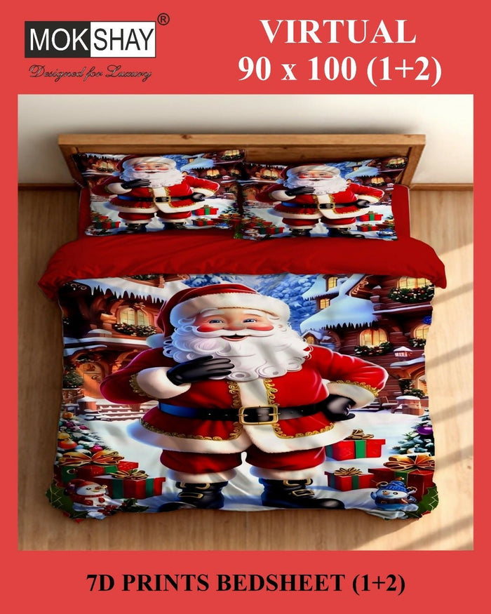Christmas-themed bedsheet set with Santa Claus design on a wooden bed frame.