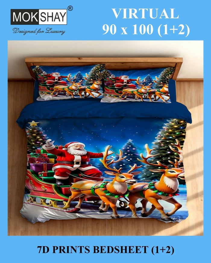 Christmas-themed bedding set with Santa Claus and reindeer on a bed.