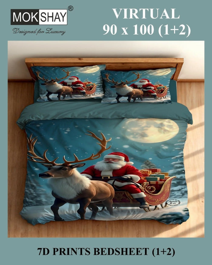 Bedding set with Santa Claus and reindeer design on a bed, featuring MOKSHAY branding.
