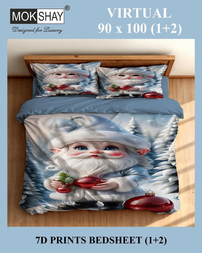 Bedding set with Santa Claus design on a bed, featuring MOKSHAY branding.