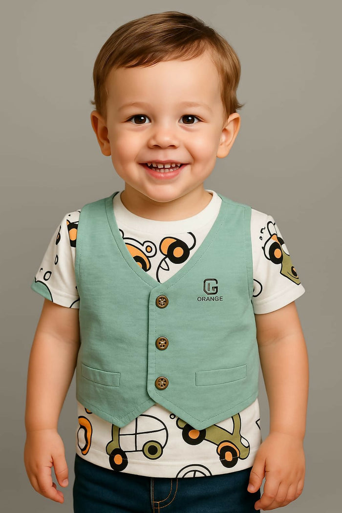 Child wearing a green vest