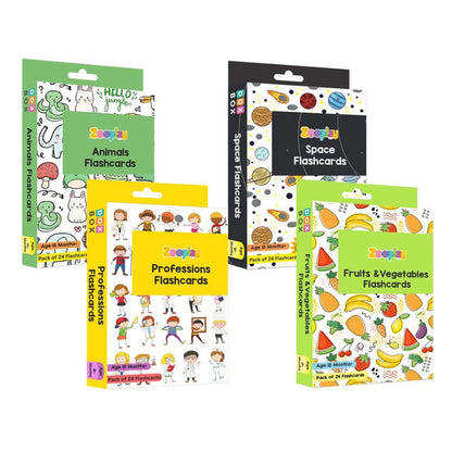 ZOOPLAY First Flashcards Combo Pack - Animals, Fruits & Vegetables, Professions & Space Flashcards)